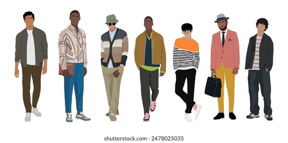 Diversos hombres elegantes que llevan ropa moderna de la moda de la calle. Chicos guapos en otoño casual, ropa de primavera. Vector ilustraciones realistas aisladas sobre fondo blanco.