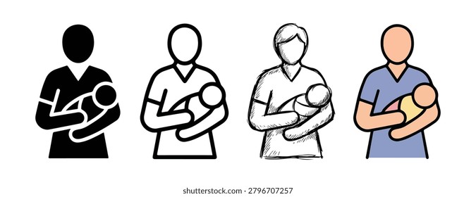 Diverse stylized iconographic representations of a person holding and cradling a newborn baby showcasing different artistic styles from solid silhouette to minimalist 