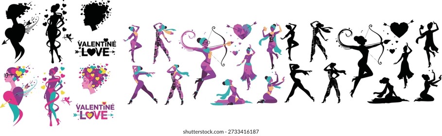 A diverse and stylized vector collection of commercial assets featuring women in dynamic poses, often depicted as figures of love or modern goddesses, alongside essential Valentine's Day symbols like Cupid, hearts pierced by arrows, and bold typographic elements. This high-resolution set includes both vibrant color illustrations and classic black silhouettes, perfect for high-budget commercial applications such as retail packaging, seasonal advertising campaigns, greeting card production, e-commerce promotions, and upscale digital branding. The artwork features bold, contemporary geometry and abstract patterns within the figures.