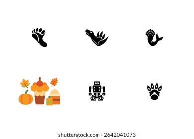Diverse Symbol Collection Footprints Dragon Claws Mermaid Tail Fall Harvest and Robot Design Variety in Visual Composition