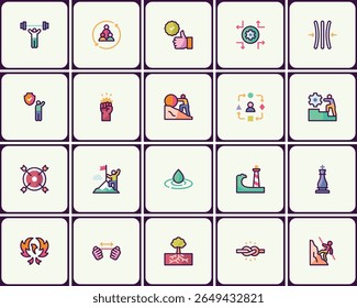 Coleção de símbolos diversificados que representam o conjunto de ícones de desafios, crescimento e realizações