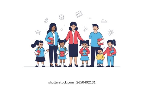 Diverse teachers and students gathering together with books for education and learning