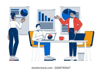 Diverse team analyzing business charts in office doodle cartoon illustration. Collaborative strategy. Analysts brainstorming 2D flat characters isolated on white. Doodleart hand-drawn drawing colorful