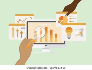 Diverse Team Analyzing Energy Data Dashboard. hands of different ethnicities examining energy metrics with magnifying glass on computer screen featuring charts and graphs. Vector illustration