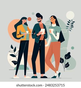 A diverse team assembles in this flat vector illustration. A confident man and two smiling women stand side-by-side, each with a unique style