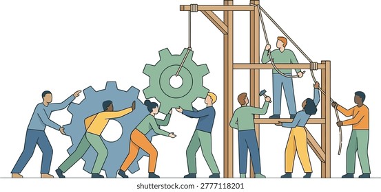 Diverse Team Assembling Large Gears Together on Wooden Structure	