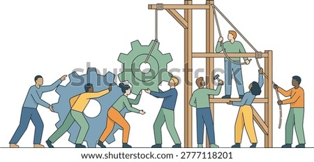 Diverse Team Assembling Large Gears Together on Wooden Structure	