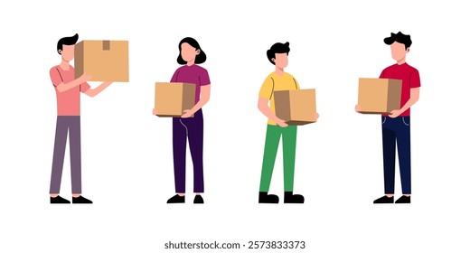 Diverse Team Carrying Cardboard Boxes for Moving or Shipping