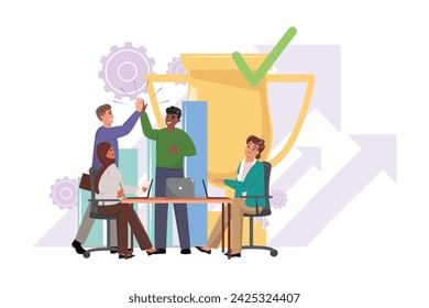 Diverse Team Celebrates Great Success with High Fives. Two men giving high five as a sign of achievement and two diverse women sitting at the desk with laptops and joining the celebration.