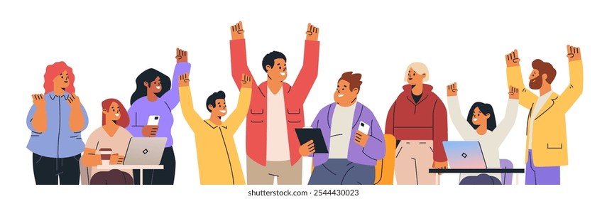 Diverse team celebrating success together people smiling raising hands office setting laptops