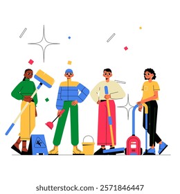 Diverse Team Of Cleaners With Equipment In Flat Vector Illustration Symbolizing Cleaning Services, Teamwork, And Hygiene Maintenance, Isolated On White Background