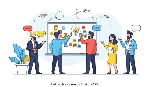 Diverso Equipo colabora eficazmente con ideas de lluvia de ideas en un Tablero Kanban con notas adhesivas para la planificación e innovación de proyectos