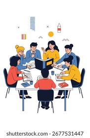 Diverse team collaborates on project, sharing ideas and knowledge around a modern table