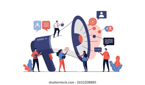 Diverse team collaborates using a giant megaphone to broadcast marketing messages and achieve business objectives