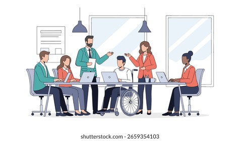 Diverse team collaboration meeting around table with laptops and flip chart business professional people working together