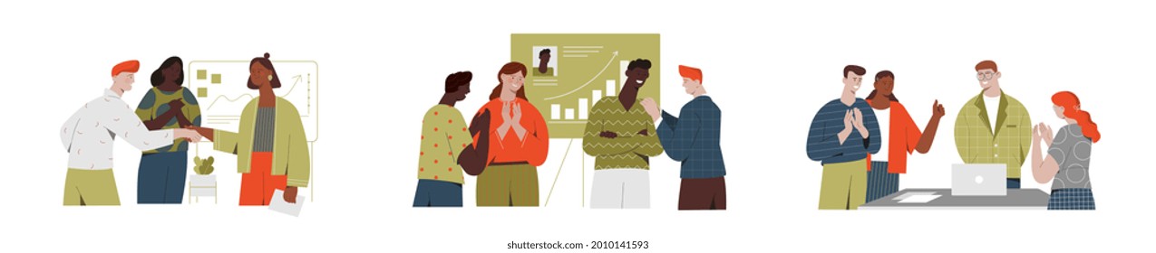 Diverse team congratulates colleague concept. People celebrate career development, successful project, birthday. Man and woman employee shaking hands. Set of flat cartoon vector illustrations