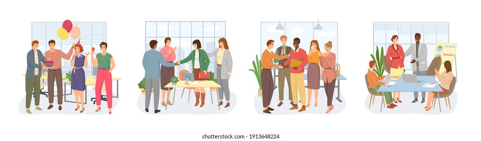 Diverse team congratulates colleague. Congratulate colleagues with agreement People celebrate career development successful project birthday. Man and woman employee shaking hands. Teamwork partnership