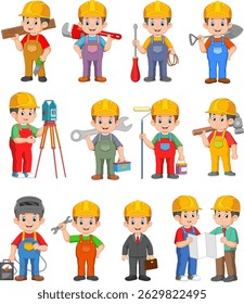 Diversos Grupos De Trabalhadores Da Construção Usam Várias Ferramentas E Equipamentos. Colaboração e construção de profissões de ilustração