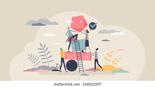 Diverse team as different geometrical shapes puzzle tiny person concept. Colleague teamwork and partnership for effective business results vector illustration. Employee work with project process.