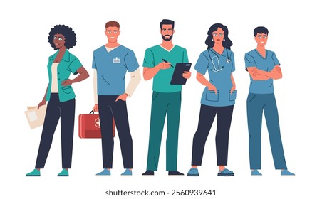 Diverse team of doctors and nurses. Modern flat cartoon illustration isolated on white background