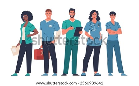 Diverse team of doctors and nurses. Modern flat cartoon illustration isolated on white background