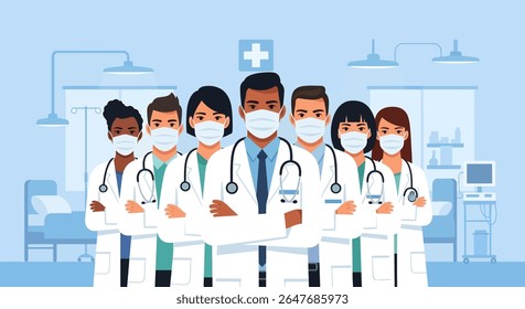 A diverse team of doctors and nurses wearing masks, white coats, and stethoscopes, standing with arms crossed in a hospital room.