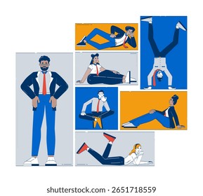 Diverse team doodle illustration concept. Corporate culture. Workplace teamwork. Multicultural office workers in relaxed poses cartoon 2D composition isolated on white. Hand drawn vector metaphor