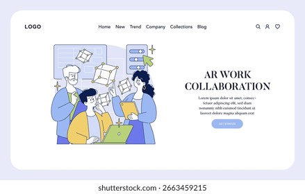 Equipe diversificada envolvida em projeto de realidade aumentada usando dispositivos digitais e ferramentas colaborativas. Rostos sorridentes e gestos interativos destacam trabalho em equipe e inovação. Ilustração vetorial.