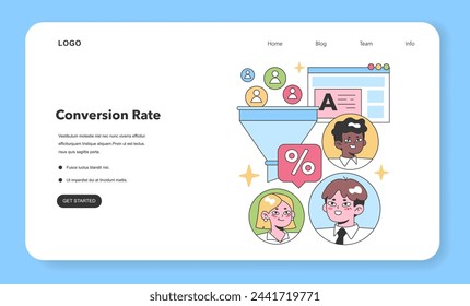 Diverse team evaluates conversion rate, funneling website visitors into leads with a digital interface backdrop. Flat vector illustration