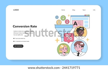 Diverse team evaluates conversion rate, funneling website visitors into leads with a digital interface backdrop. Flat vector illustration