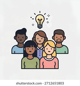 Diverse team of five smiling colleagues standing together with an illuminated lightbulb above them!!