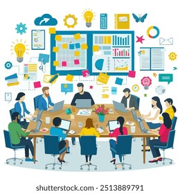 A diverse team is gathered at a large table, surrounded by technology and a vibrant workspace. The board displays charts, graphs, and notes, symbolizing innovation and digital connectivity.