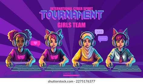 Diverse team of girls gamer or streamer with cat ears headset sits in front of a computer with her mouse and keyboard. Cartoon anime style. Vector characters isolated on white background