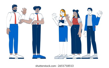 Equipe diversificada cumprimenta novo funcionário rabiscar ilustração de desenho animado. Apresentação do gerente. Colegas de escritório acolhendo novatos personagens planos 2D isolados em branco. Doodleart desenho à mão colorido