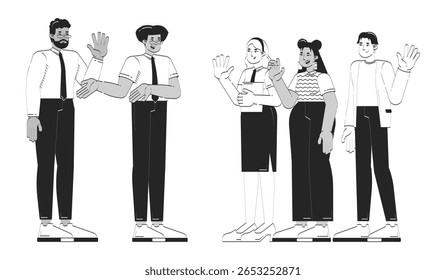 Equipe diversificada cumprimentando novo funcionário doodle lineart ilustração. Apresentação do gerente. Colegas de escritório acolhendo caracteres de tinta de linha 2D novatos isolados em branco. Vetor monocromático desenhado à mão
