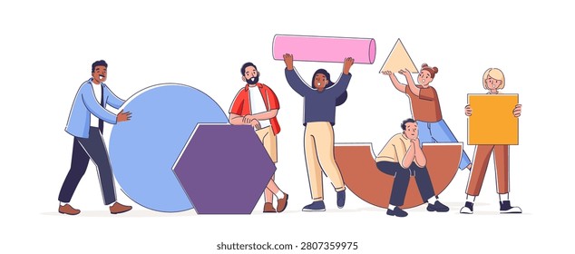 Diverse team interacts with circle, hexagon, cylinder, triangle, semicircle, and square in a clean scene. Symbol of collaboration, problem solving, diversity, and project synergy. Cartoon vector illustration.