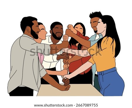 Diverse team joining hands together in unity and collaboration. Perfect for teamwork, business, leadership, and community concepts isolated on white background