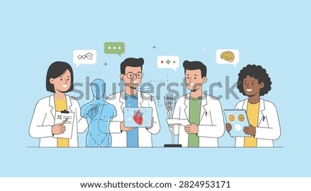 Diverse team of medical scientists collaborates on advanced human anatomy, bionics, and cardiology research.