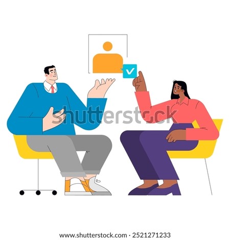 Diverse team in meeting discussing profile approval. Decisive businesswoman holds a checkmark card, engaging with a male colleague over candidate selection. Vector illustration.