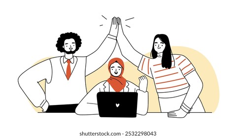 Diverse team meeting isolated. Modern office workers at desk success concept. Vector hand drawn illustration.