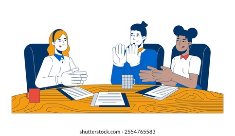 Diverse team members clapping hands at desk 2D cartoon characters. Applause colleagues. Office workers cheering together isolated people flat vector on white background. Spot illustration colorful