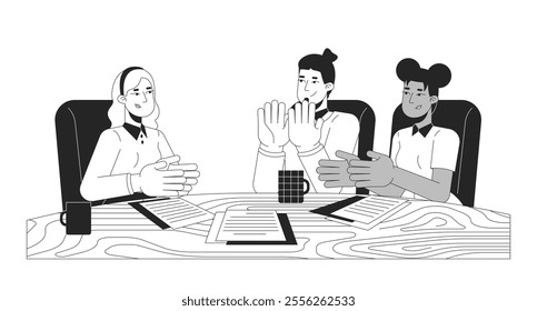 Diverse team members clapping hands at desk black and white 2D line characters. Applause colleagues. Office workers cheering together isolated vector outline people. Monochromatic spot illustration