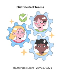 Diverse team members in cogwheels represent collaboration in distributed virtual teams. Flat vector illustration.