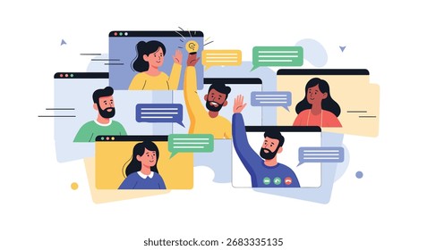 Vários membros da equipe colaborando e comemorando conquistas em chamadas de videoconferência on-line.