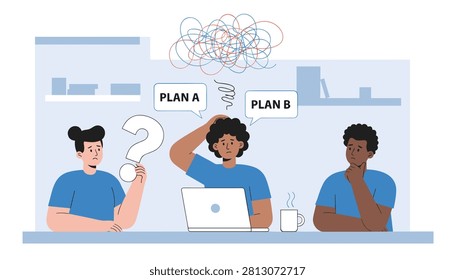 Diverse team of office workers feeling confused while deciding between plan a and plan b with tangled thoughts.