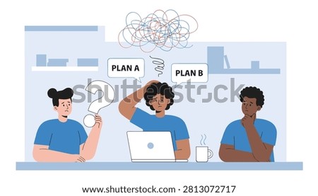 Diverse team of office workers feeling confused while deciding between plan a and plan b with tangled thoughts.