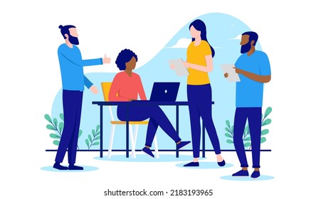 Diverse team of people - Group of characters with different ethnicities working together at workplace. Flat design vector illustration with white background