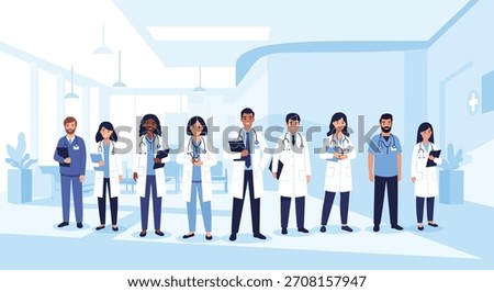 A diverse team of professional doctors and nurses standing together in a modern hospital hallway representing healthcare services.