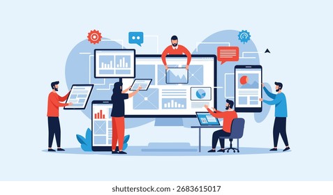 Equipe diversificada de profissionais que colaboram em um projeto digital usando vários dispositivos e tecnologias.