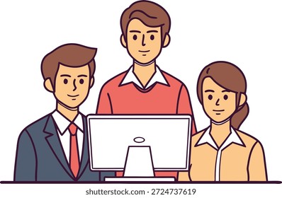 Verschiedene Team von Fachleuten stehen rund um gemeinsam genutzten Bildschirm im Büro. Eine Gruppe von Geschäftskollegen, die sich am Arbeitsplatz mit kooperativen digitalen Projekten beschäftigen. Flache Vektorgrafik, die Teamarbeit und Unternehmenskommunikation in einem modernen technologischen Unternehmensumfeld zeigt.